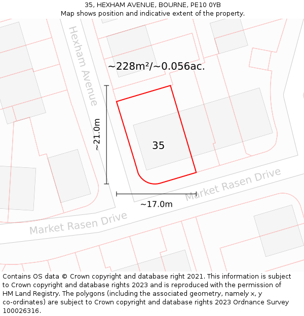 35, HEXHAM AVENUE, BOURNE, PE10 0YB: Plot and title map