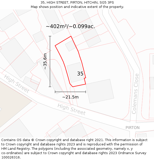 35, HIGH STREET, PIRTON, HITCHIN, SG5 3PS: Plot and title map