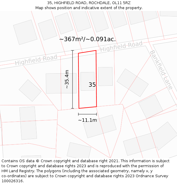 35, HIGHFIELD ROAD, ROCHDALE, OL11 5RZ: Plot and title map