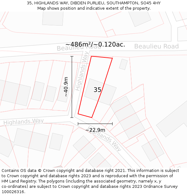 35, HIGHLANDS WAY, DIBDEN PURLIEU, SOUTHAMPTON, SO45 4HY: Plot and title map