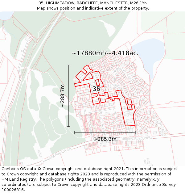 35, HIGHMEADOW, RADCLIFFE, MANCHESTER, M26 1YN: Plot and title map