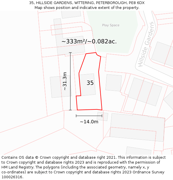 35, HILLSIDE GARDENS, WITTERING, PETERBOROUGH, PE8 6DX: Plot and title map