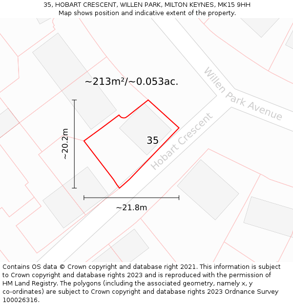 35, HOBART CRESCENT, WILLEN PARK, MILTON KEYNES, MK15 9HH: Plot and title map