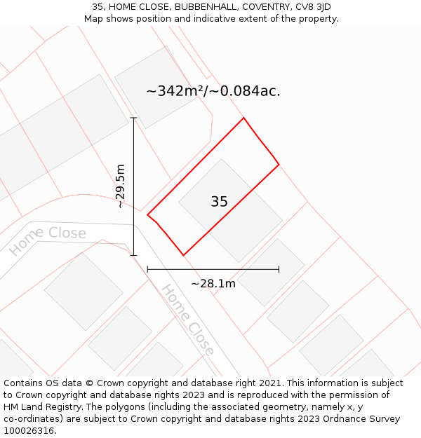 35, HOME CLOSE, BUBBENHALL, COVENTRY, CV8 3JD: Plot and title map
