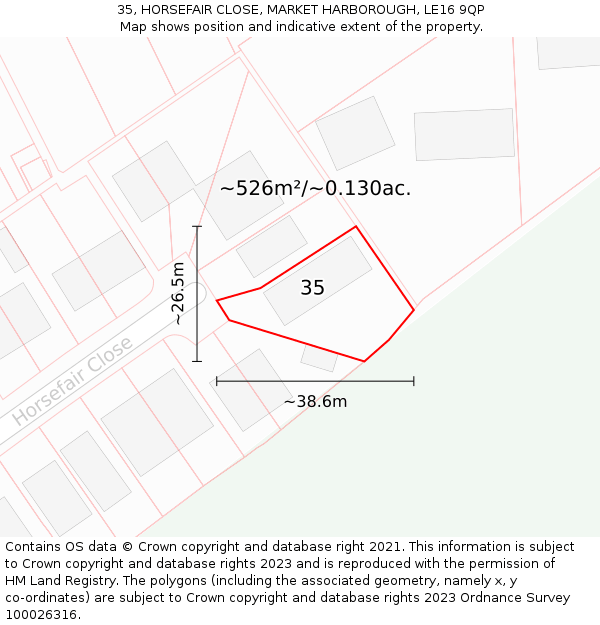 35, HORSEFAIR CLOSE, MARKET HARBOROUGH, LE16 9QP: Plot and title map