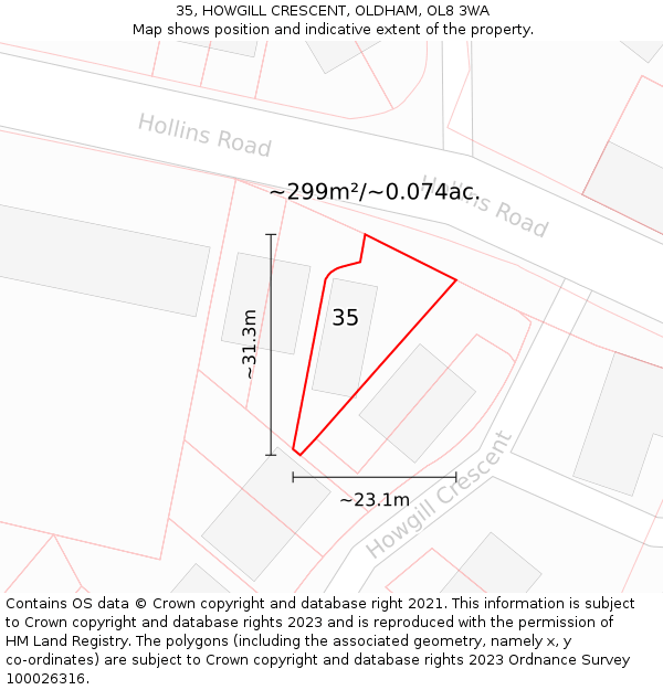 35, HOWGILL CRESCENT, OLDHAM, OL8 3WA: Plot and title map