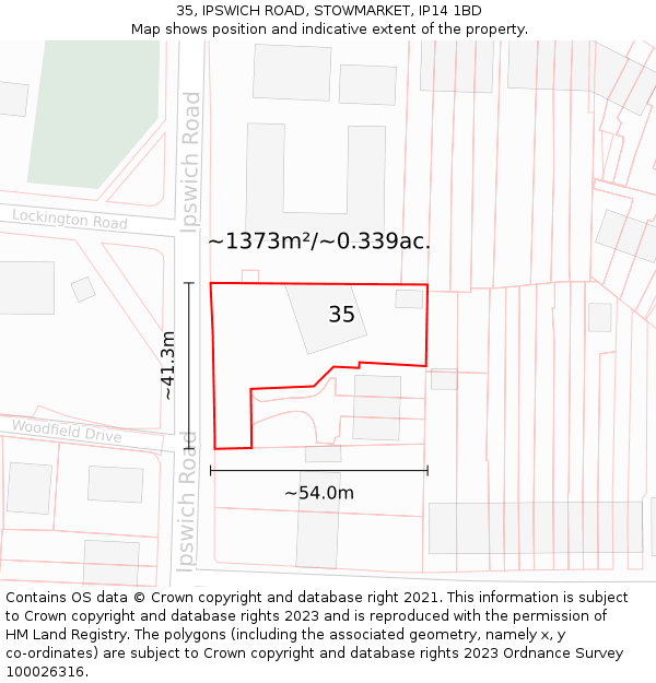 35, IPSWICH ROAD, STOWMARKET, IP14 1BD: Plot and title map