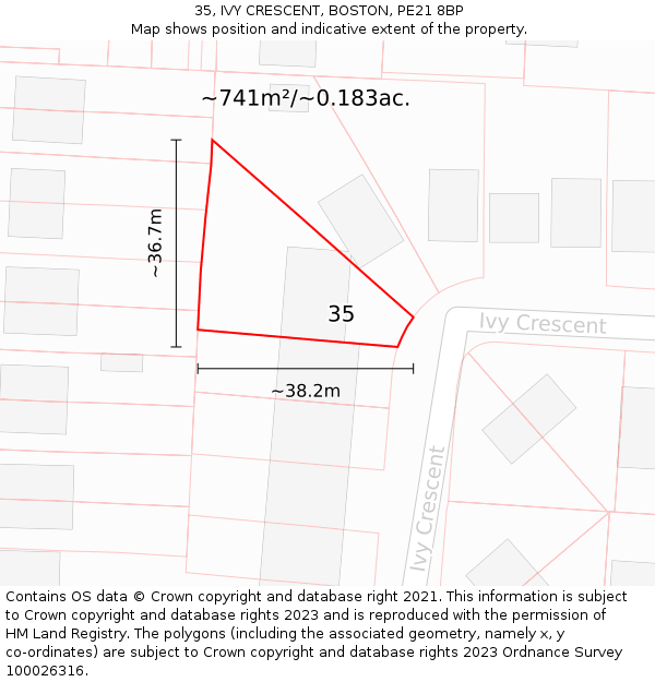 35, IVY CRESCENT, BOSTON, PE21 8BP: Plot and title map