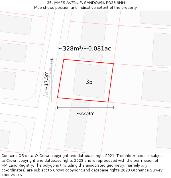 35, JAMES AVENUE, SANDOWN, PO36 9NH: Plot and title map