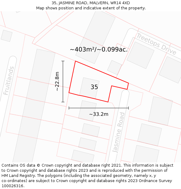 35, JASMINE ROAD, MALVERN, WR14 4XD: Plot and title map