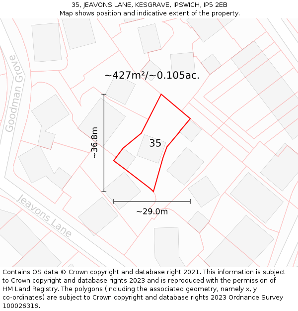 35, JEAVONS LANE, KESGRAVE, IPSWICH, IP5 2EB: Plot and title map