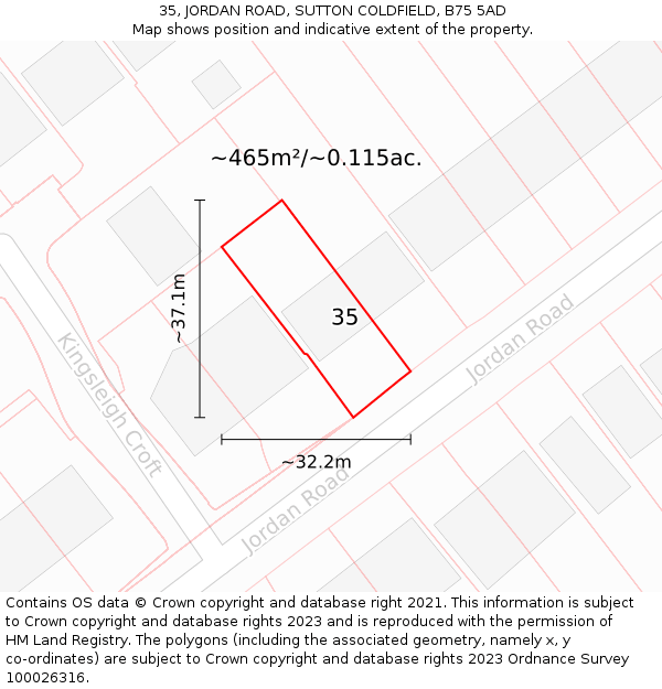 35, JORDAN ROAD, SUTTON COLDFIELD, B75 5AD: Plot and title map