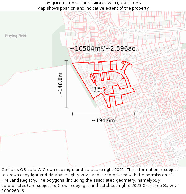 35, JUBILEE PASTURES, MIDDLEWICH, CW10 0AS: Plot and title map