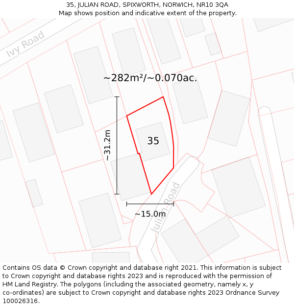 35, JULIAN ROAD, SPIXWORTH, NORWICH, NR10 3QA: Plot and title map