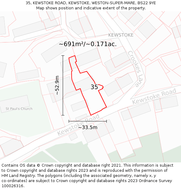 35, KEWSTOKE ROAD, KEWSTOKE, WESTON-SUPER-MARE, BS22 9YE: Plot and title map