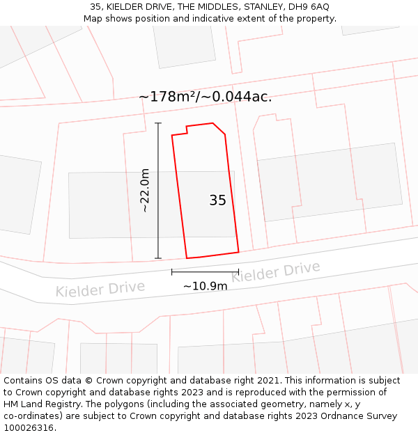 35, KIELDER DRIVE, THE MIDDLES, STANLEY, DH9 6AQ: Plot and title map