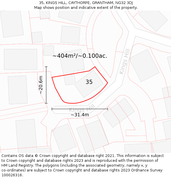 35, KINGS HILL, CAYTHORPE, GRANTHAM, NG32 3DJ: Plot and title map