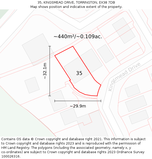 35, KINGSMEAD DRIVE, TORRINGTON, EX38 7DB: Plot and title map