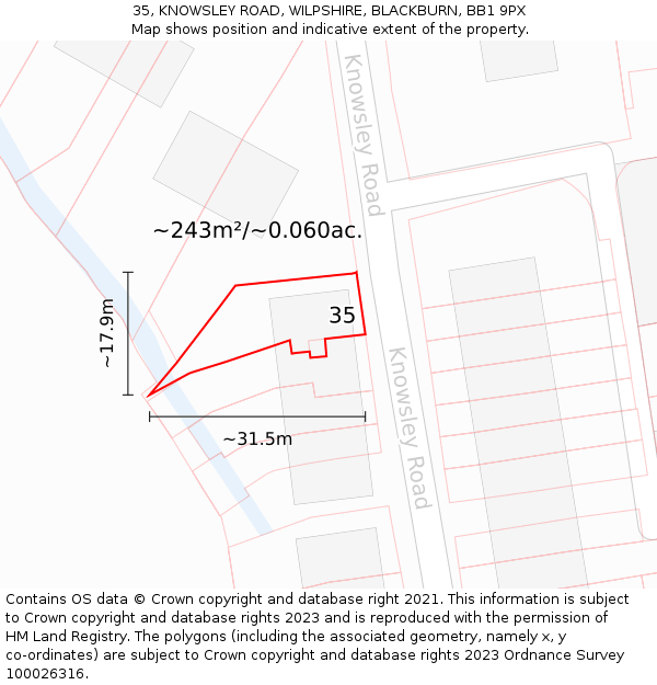 35, KNOWSLEY ROAD, WILPSHIRE, BLACKBURN, BB1 9PX: Plot and title map