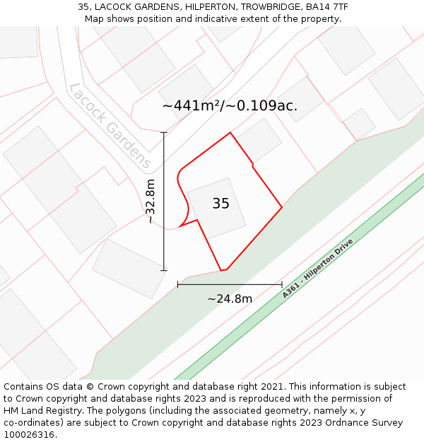 35, LACOCK GARDENS, HILPERTON, TROWBRIDGE, BA14 7TF: Plot and title map