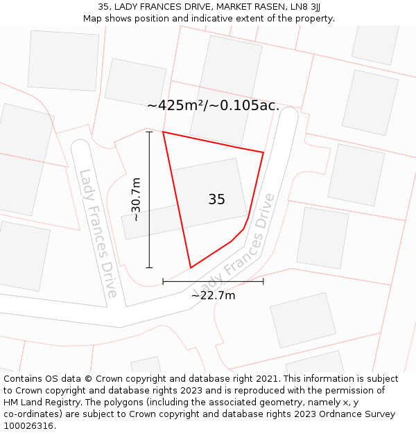 35, LADY FRANCES DRIVE, MARKET RASEN, LN8 3JJ: Plot and title map
