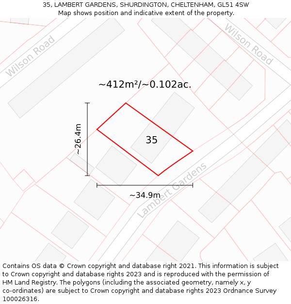 35, LAMBERT GARDENS, SHURDINGTON, CHELTENHAM, GL51 4SW: Plot and title map