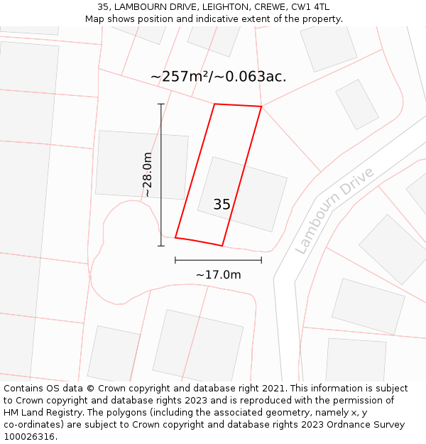 35, LAMBOURN DRIVE, LEIGHTON, CREWE, CW1 4TL: Plot and title map