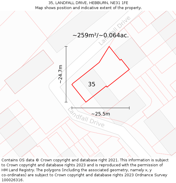 35, LANDFALL DRIVE, HEBBURN, NE31 1FE: Plot and title map