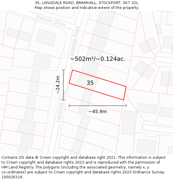 35, LANGDALE ROAD, BRAMHALL, STOCKPORT, SK7 1DL: Plot and title map