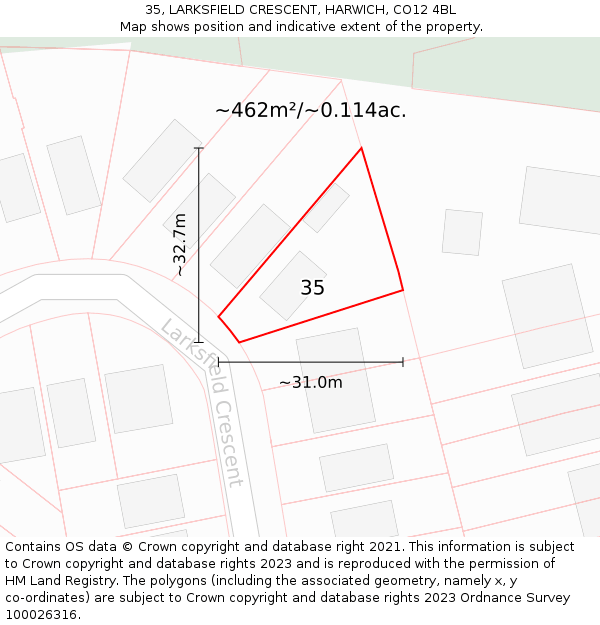 35, LARKSFIELD CRESCENT, HARWICH, CO12 4BL: Plot and title map