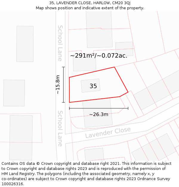 35, LAVENDER CLOSE, HARLOW, CM20 3QJ: Plot and title map