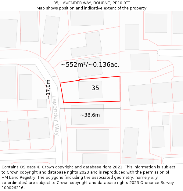 35, LAVENDER WAY, BOURNE, PE10 9TT: Plot and title map