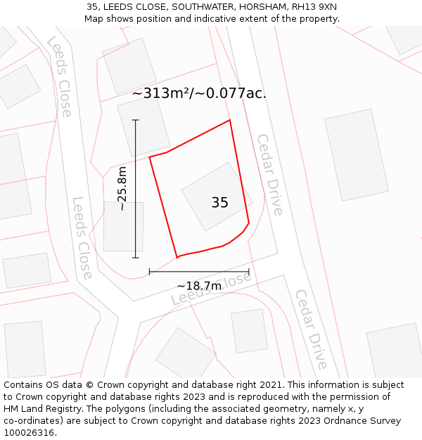 35, LEEDS CLOSE, SOUTHWATER, HORSHAM, RH13 9XN: Plot and title map