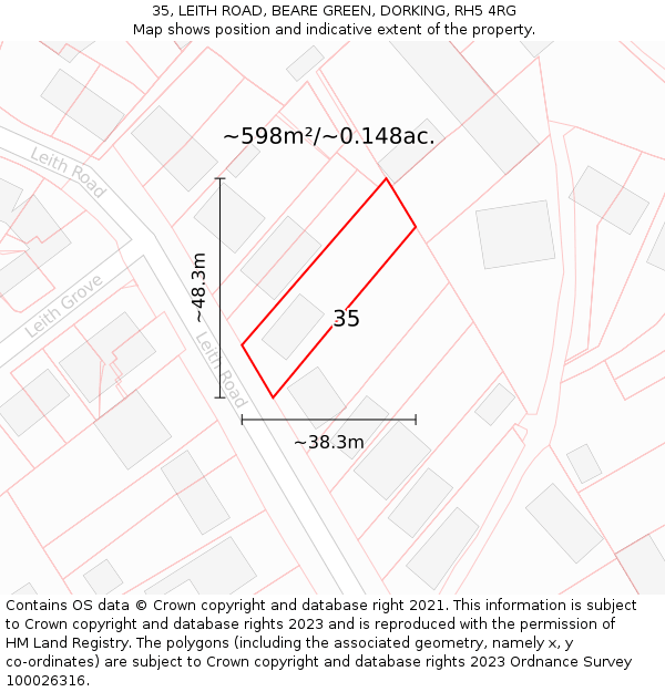 35, LEITH ROAD, BEARE GREEN, DORKING, RH5 4RG: Plot and title map