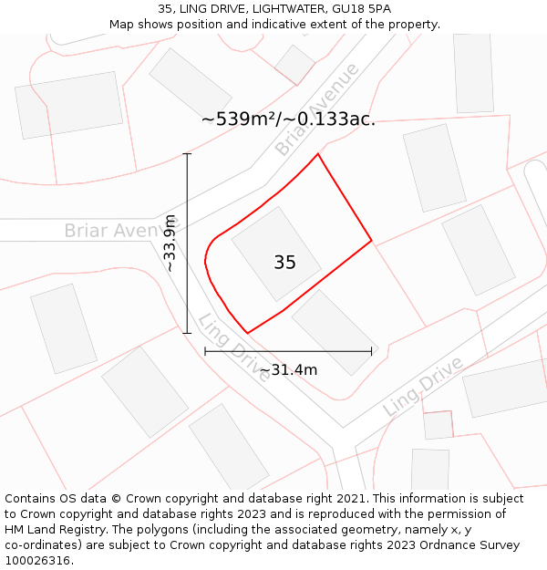 35, LING DRIVE, LIGHTWATER, GU18 5PA: Plot and title map