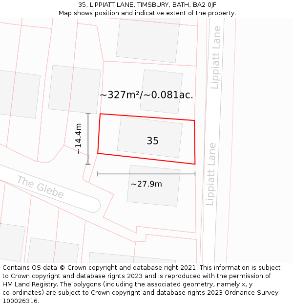 35, LIPPIATT LANE, TIMSBURY, BATH, BA2 0JF: Plot and title map