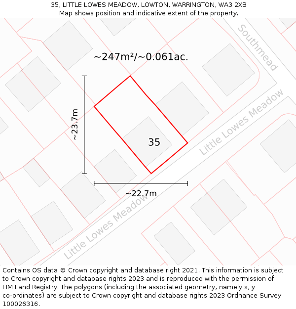 35, LITTLE LOWES MEADOW, LOWTON, WARRINGTON, WA3 2XB: Plot and title map