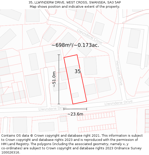 35, LLWYNDERW DRIVE, WEST CROSS, SWANSEA, SA3 5AP: Plot and title map