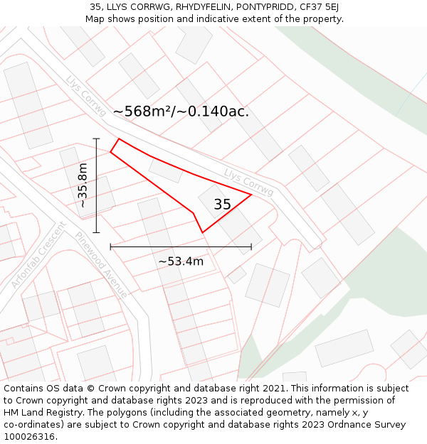 35, LLYS CORRWG, RHYDYFELIN, PONTYPRIDD, CF37 5EJ: Plot and title map