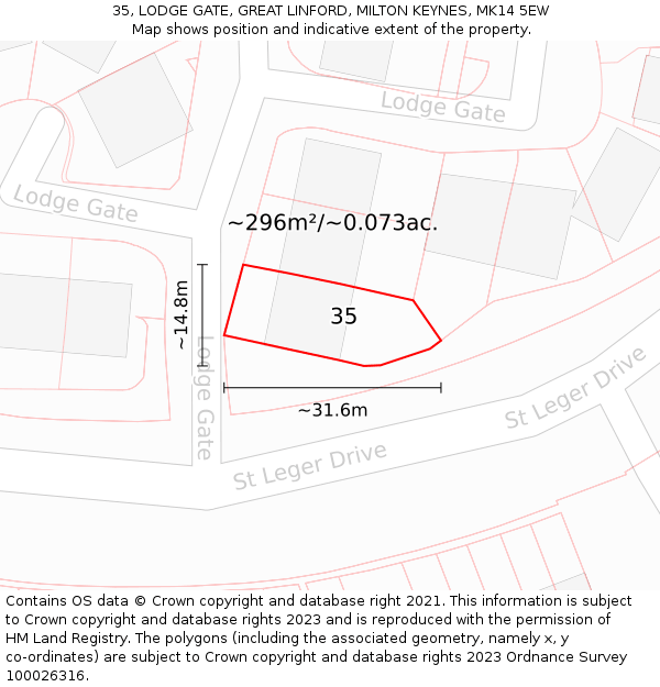 35, LODGE GATE, GREAT LINFORD, MILTON KEYNES, MK14 5EW: Plot and title map