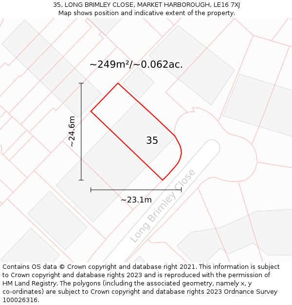 35, LONG BRIMLEY CLOSE, MARKET HARBOROUGH, LE16 7XJ: Plot and title map