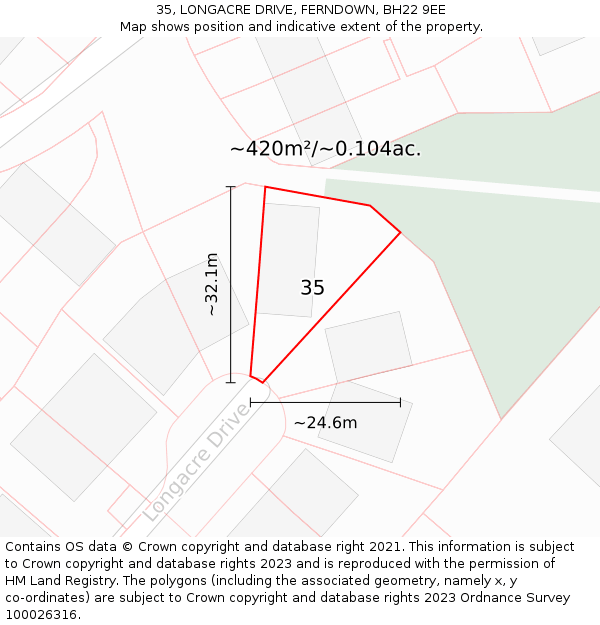 35, LONGACRE DRIVE, FERNDOWN, BH22 9EE: Plot and title map