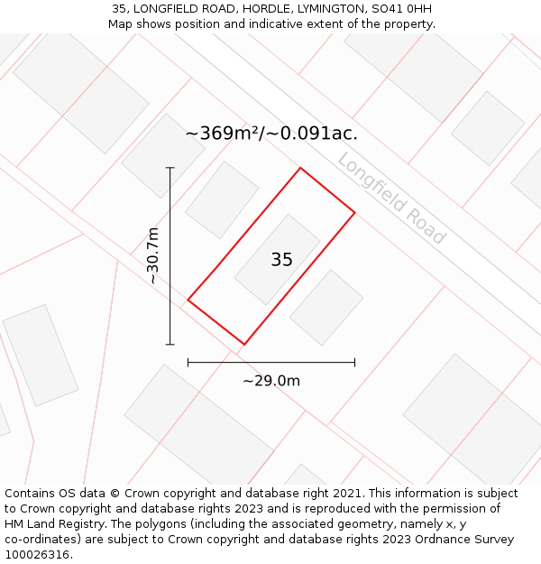 35, LONGFIELD ROAD, HORDLE, LYMINGTON, SO41 0HH: Plot and title map