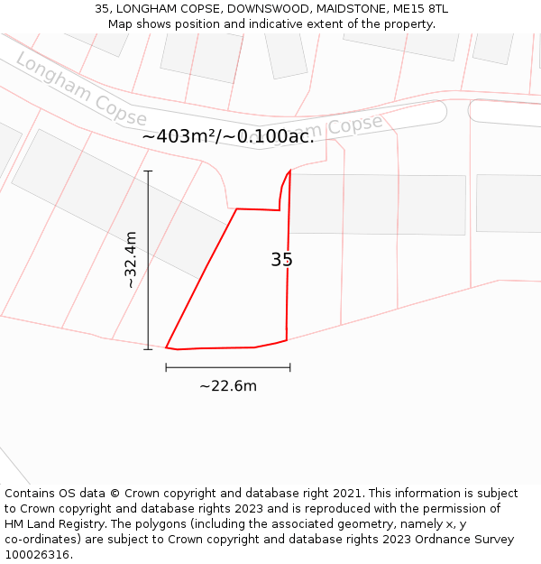 35, LONGHAM COPSE, DOWNSWOOD, MAIDSTONE, ME15 8TL: Plot and title map