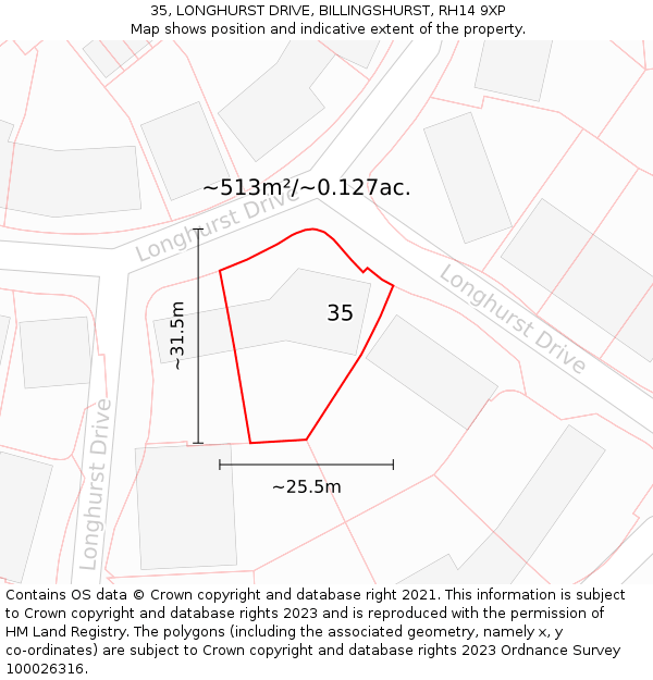 35, LONGHURST DRIVE, BILLINGSHURST, RH14 9XP: Plot and title map