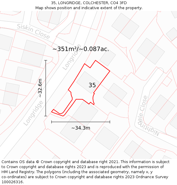 35, LONGRIDGE, COLCHESTER, CO4 3FD: Plot and title map