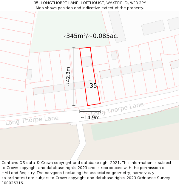 35, LONGTHORPE LANE, LOFTHOUSE, WAKEFIELD, WF3 3PY: Plot and title map