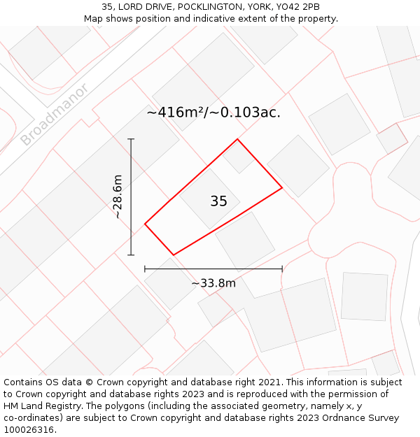 35, LORD DRIVE, POCKLINGTON, YORK, YO42 2PB: Plot and title map