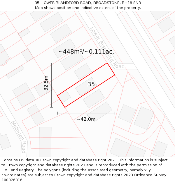 35, LOWER BLANDFORD ROAD, BROADSTONE, BH18 8NR: Plot and title map