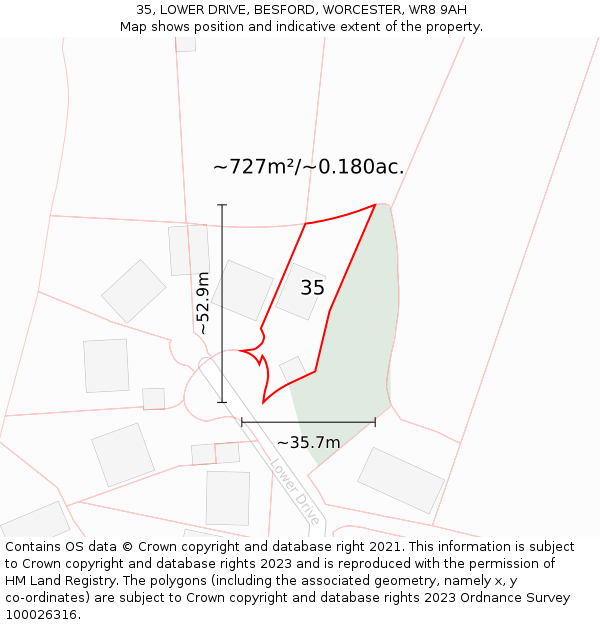 35, LOWER DRIVE, BESFORD, WORCESTER, WR8 9AH: Plot and title map